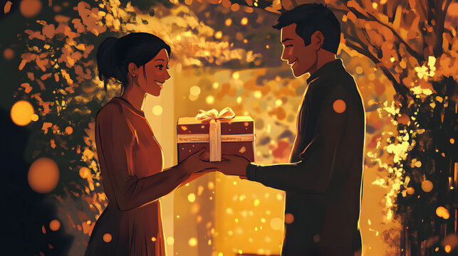 A woman giving her partner a gift as a token of gratitude and love.