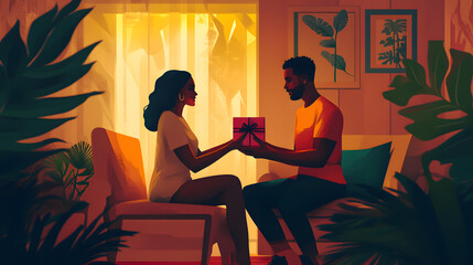 A woman giving her partner a gift as a token of gratitude and love.