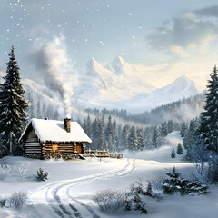 Fototapeta premium Winter Wonderland Cabin: A charming wooden cabin nestled in a picturesque winter wonderland, smoke curling from its chimney. Snow-covered trees and mountains create a serene backdrop.
