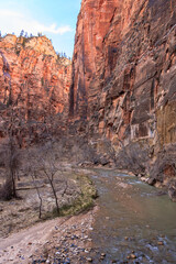 A river runs through a canyon with a mountain in the background