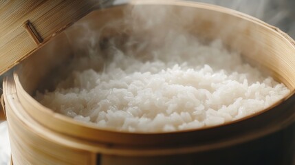 Close-up of rice in a steamer basket with bamboo. Featuring the steaming process and bamboo texture. Emphasizing the traditional cooking method. Ideal for cooking techniques and cultural content.