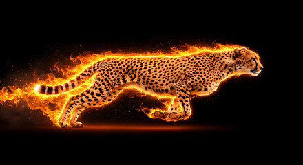 Fototapeta premium Cheetah sprinting through flames, showcasing speed and agility in a dynamic setting