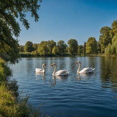 A lakeside park with swans gliding across the water under a clear blue sky.