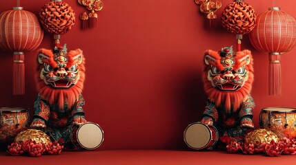 Fototapeta premium Vibrant Display of Two Traditional Red Lanterns Gracefully Hanging Against a Bold Red Wall Creating an Enchanting Cultural Ambiance Evoking Warmth and Celebration in a Richly Colored Setting