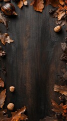 Thanksgiving Wallpaper with Autumn Leaves, Gourds, and Acorns on Dark Wood Background, Festive Fall Decorations, Seasonal Harvest Elements, Rustic Holiday Theme, Dark Tabletop, 