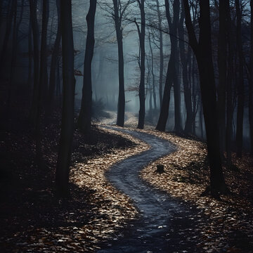 Misty Forest Path: A winding path disappears into the depths of a mysterious fog-laden forest, sunlight barely piercing the dense canopy, creating an atmosphere of suspense and wonder. 