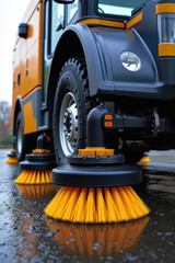 Fototapeta premium High-Efficiency Street Cleaning Vehicle with Precision Brushes and Reflective Technology