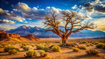 Desert Dry Tree Mountain Landscape AI Art