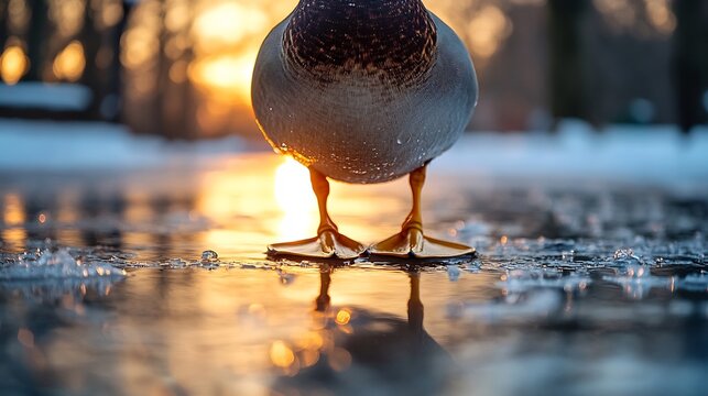 A close up of a ducks webbed feet standing on shimmering water