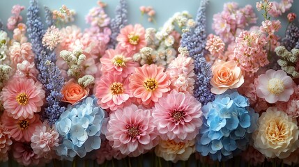 Fototapeta premium Pastel flowers arranged on blue backdrop for spring design