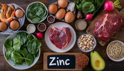 Foods with Zinc mineral on a wooden table. Top view