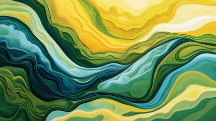 Fototapeta premium Background, abstract-surrealistic artistic interpretation of the rolling Texas countryside, bold strokes of green, yellow and blue colors