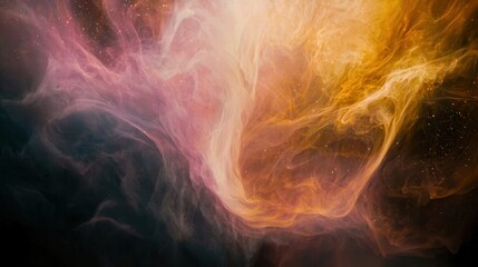 Obraz premium A dreamlike cosmic backdrop with swirling colors and shimmering stars, soft pinks, purples, blues, glowing nebulas, and wisps of smoke floating in the atmosphere. 