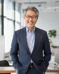 オフィスで撮影された笑顔の50代～60代のビジネスマンのポートレート（Portrait of a smiling businessman in his 50s or 60s photographed in an office）
