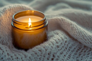 A close-up shot of an amber glass candle jar with the burning flame visible, placed on top of soft white wool fabric. 