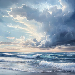 Obraz premium sunlight breaking through the clouds over an ocean beach. 