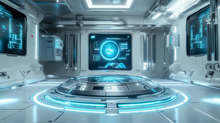 Obraz premium Futuristic white and blue sci-fi laboratory interior with a round, ai podium in the center, holographic screens around the walls, and a humanoid robot standing next to it. Futuristic design elements