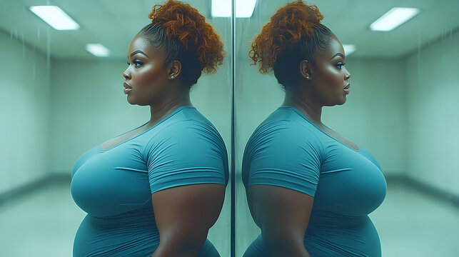Woman in blue attire poses in a corridor with mirrored reflections showcasing her profile