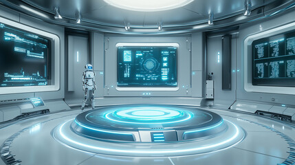 Futuristic white and blue sci-fi laboratory interior with a round, ai podium in the center, holographic screens around the walls, and a humanoid robot standing next to it. Futuristic design elements