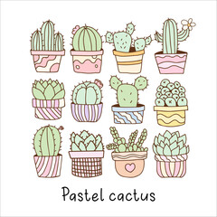 Hand draw collection pastel cactus in pots Cactus lover Plants illustration For Cards Invitations Sticker