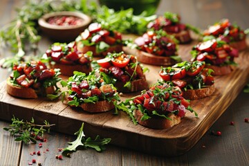A vibrant platter of bruschetta topped with fresh tomatoes, herbs, and greens, served on a rustic wooden board.