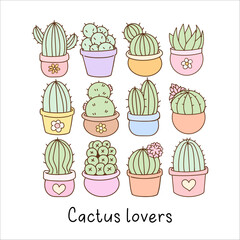 Hand draw collection pastel cactus lover in pots Plants illustration For Cards Invitations Sticker