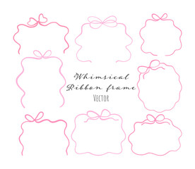 Hand draw cute whimsical ribbon frame Coquette pink bow Decoration valentines Wedding card illustration