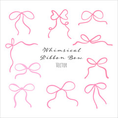 Hand draw whimsical ribbon Coquette pink bow Decoration valentines Wedding card illustration