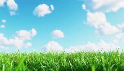 Vibrant green grass field under a blue sky with fluffy clouds captured in natural light