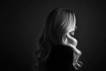 Elegant silhouette of a woman with flowing hair against a dark background, evoking mystery and grace