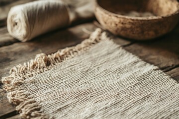 A wooden table with a piece of cloth on it and some yarn, with ample copy space for text.