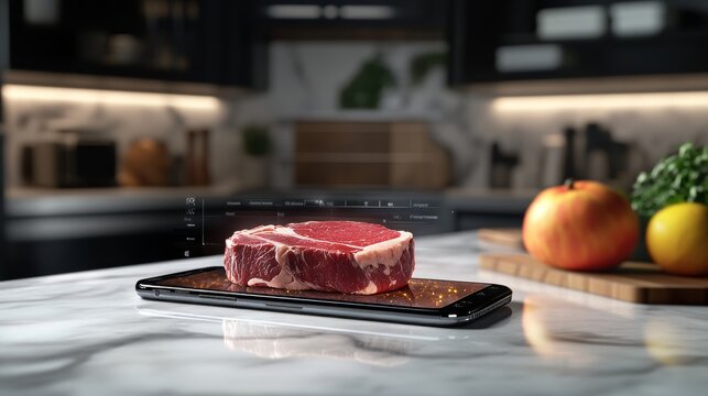 Ar smartphone inspecting raw steak on marble counter with warm lighting and realistic textures