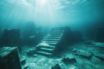 A beautiful underwater scene with a large building in the background