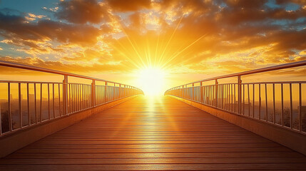 Obraz premium A stunning metal bridge with railings, illuminated by the golden glow of sunrise, creating long dramatic shadows, symbolizing serenity, beauty, and architectural elegance.