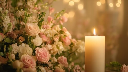 A close-up shot of the candle, its flame flickering softly in front of an elegant backdrop adorned with delicate flowers and soft lighting.
