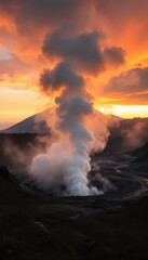 Fototapeta premium Dramatic volcano eruption at sunrise with smoke and lava flowing in scenic landscape