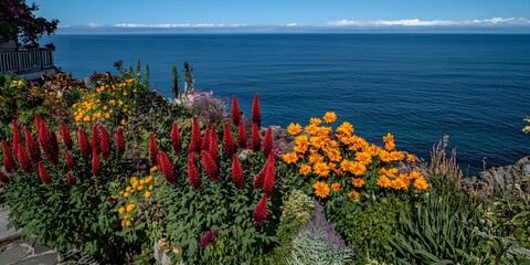 Obraz premium Vibrant Coastal Garden with Red and Orange Flowers Ocean View
