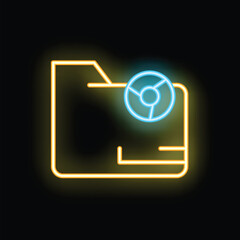 Neon folder icon glowing against a dark background, representing digital data storage and security