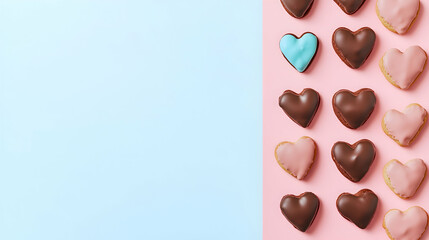 Fototapeta premium A romantic flat-lay of heart-shaped cookies dipped in chocolate, arranged on a pastel surface
