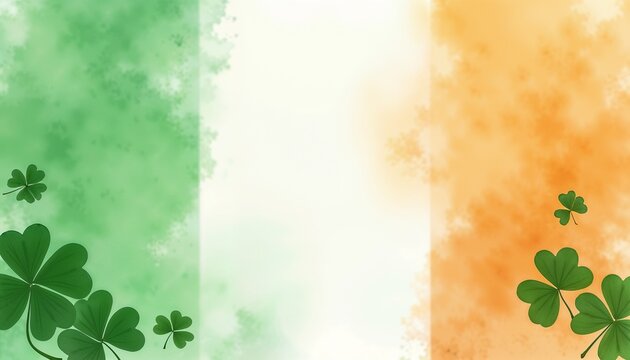 Irish flag colors with shamrocks on textured background, perfect for St. Patrick's Day, copy space