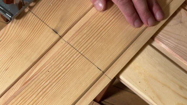 Sawing of wooden planks with jigsaw along the marking line
