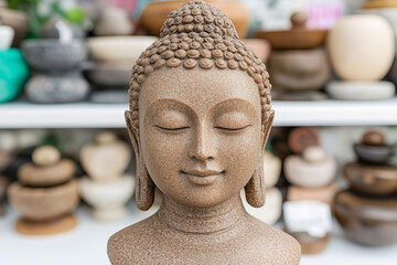 Close-up of a buddha statue with a peaceful expression surrounded by blurred decorative objects in a store