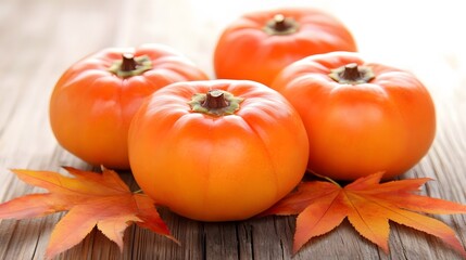 Autumn Harvest- Four Ripe Persimmons with Maple Leaves on Wooden Surface