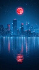 Red moon over city skyline at night