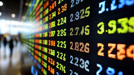 Obraz premium Stock market ticker display showing fluctuating numbers.
