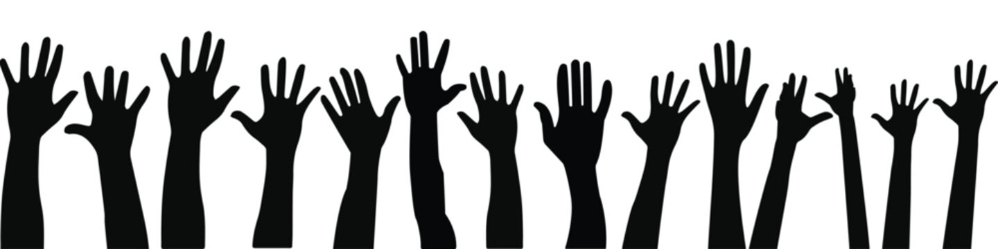 people raising hand silhouettes. People raising hand at the concert. row of hands reaching up in the air Silhouette. The hands are all different shapes and sizes.
