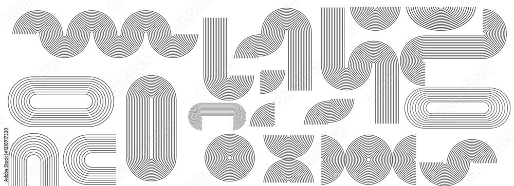 Wall mural geometric abstraction, a collection of minimalist line patterns, featuring curved arcs, concentric c
