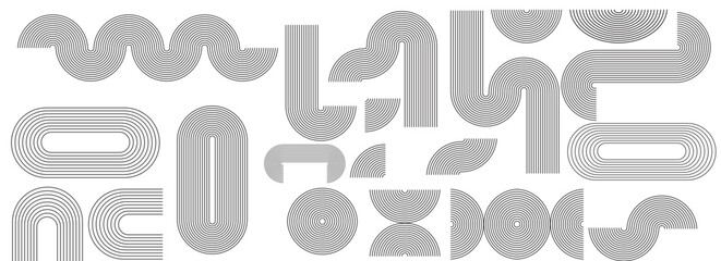 Geometric Abstraction, A Collection of Minimalist Line Patterns, Featuring Curved Arcs, Concentric Circles and Streamlined Rectangles on a White Background,