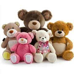 Five plush teddy bears, studio shot, white background, gift idea