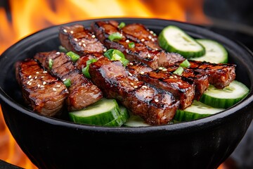 Fototapeta premium Delicious grilled beef with cucumber slices and sesame seeds cooking on fire